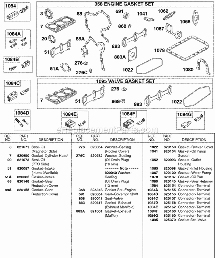 EngineValve Gasket Sets Terminal Connectors Diagram and Parts List for 430447-0105-01  Briggs and Stratton Engine